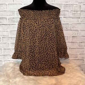 Leopard Print Off Shoulder Top Smocked Ruffle Sleeve‎ Blouse